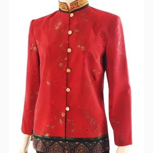 Vintage Women's Red & Black Asian Floral  Shirt by KARIN STEVENS Size 12